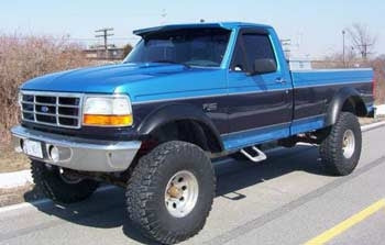 1995 Ford F150 2WD with 6" Skyjacker suspension lift kit, 3" Performance Accessories body lift