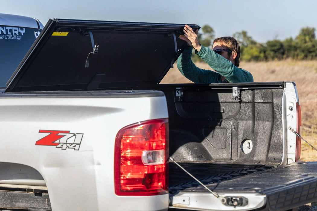 2007-13 Silverado, Sierra 1500 5'6" Bed with Rail Caps, Hard Low Profile Tri-Fold Tonneau Cover